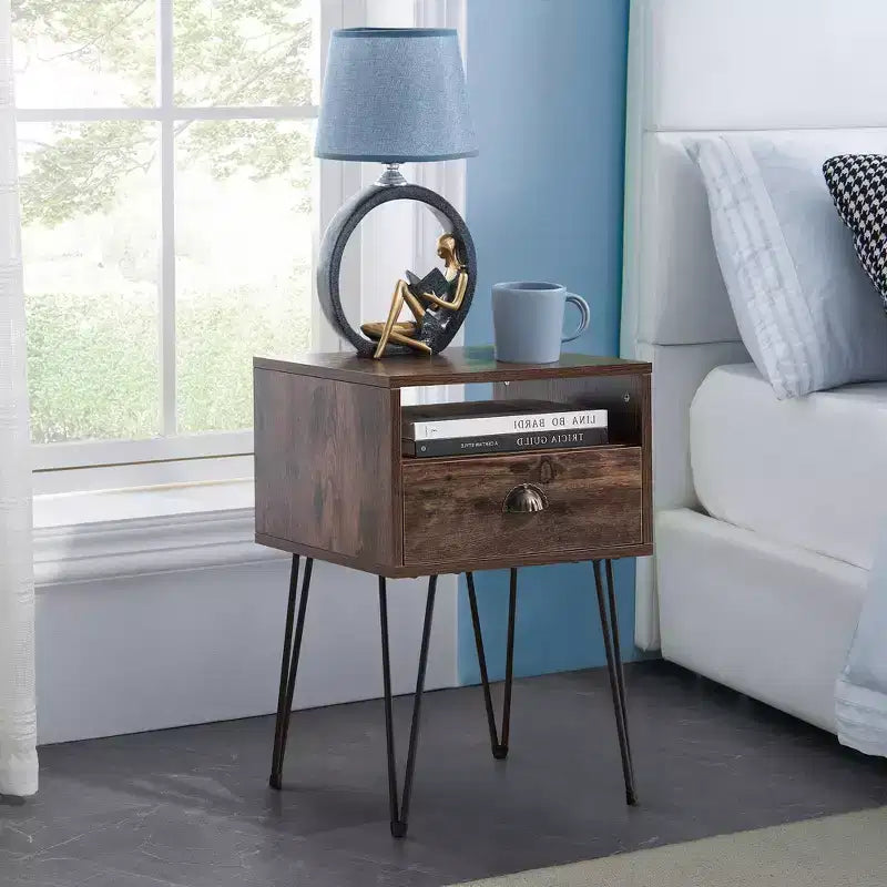 VECELO Metal Frame Nightstand, End/Side Table with Drawer and Storage Shelf for Living Room or Bedroom, Brown/Black/Green