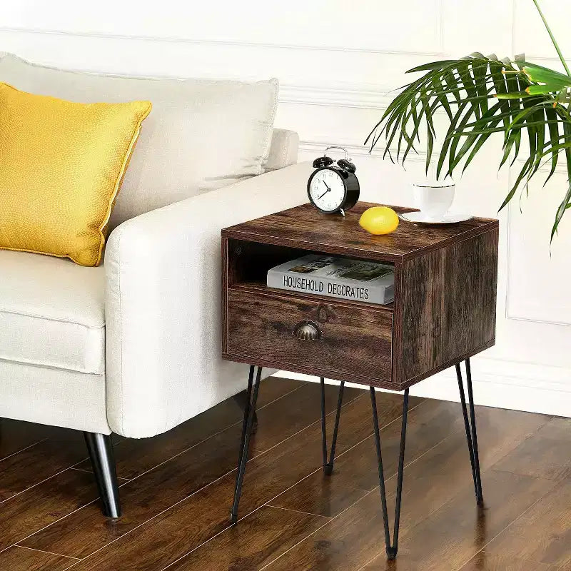 VECELO Metal Frame Nightstand, End/Side Table with Drawer and Storage Shelf for Living Room or Bedroom, Brown/Black/Green