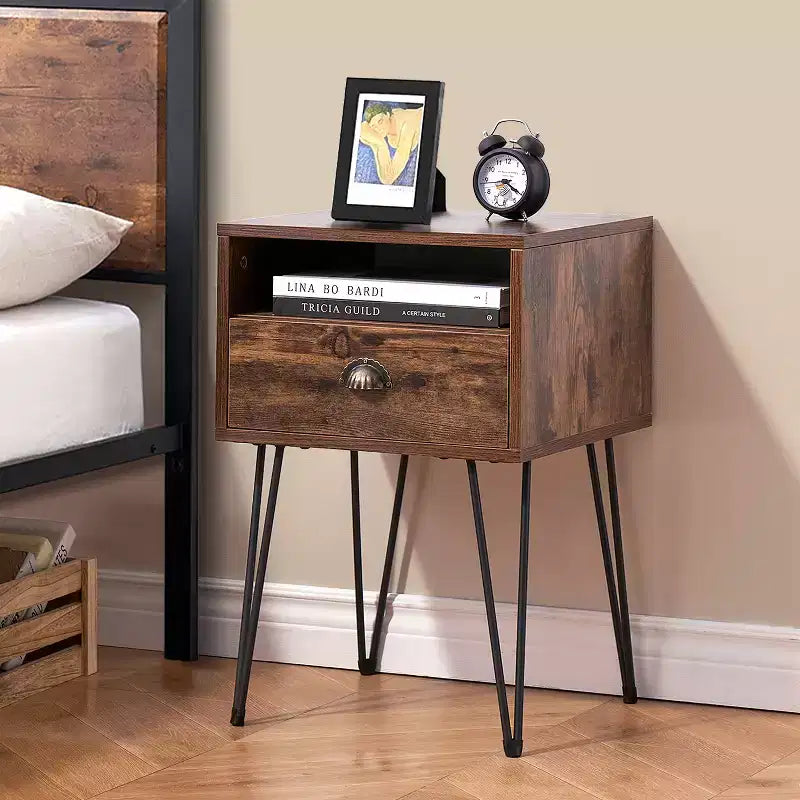 VECELO Metal Frame Nightstand, End/Side Table with Drawer and Storage Shelf for Living Room or Bedroom, Brown/Black/Green