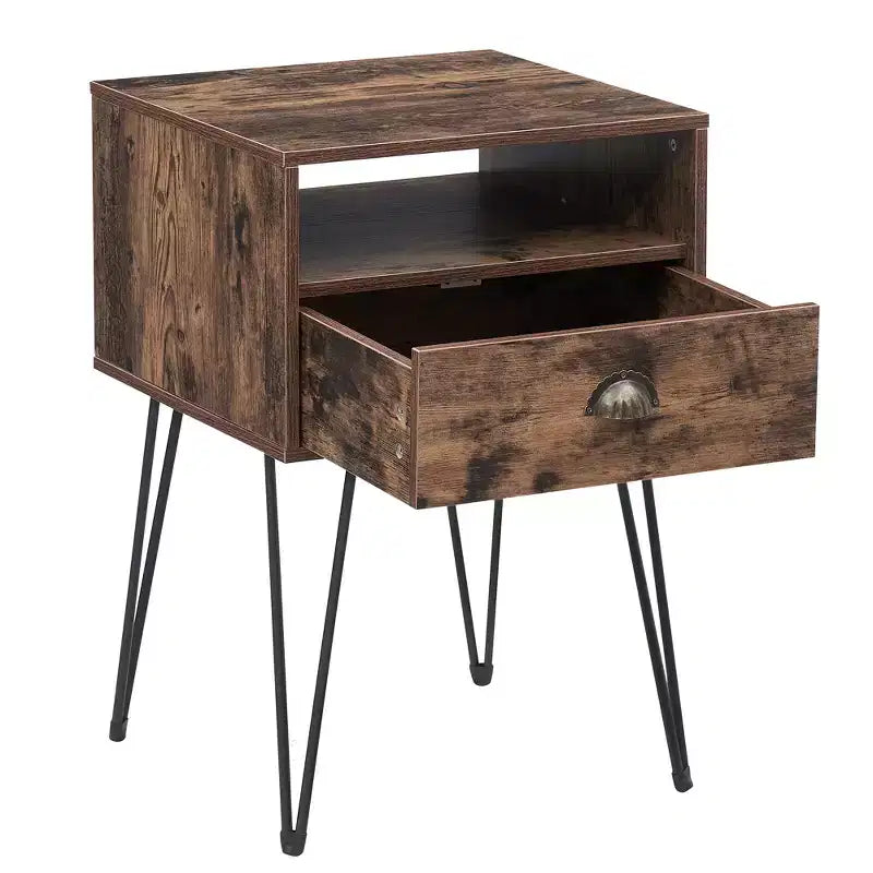 VECELO Metal Frame Nightstand, End/Side Table with Drawer and Storage Shelf for Living Room or Bedroom, Brown/Black/Green