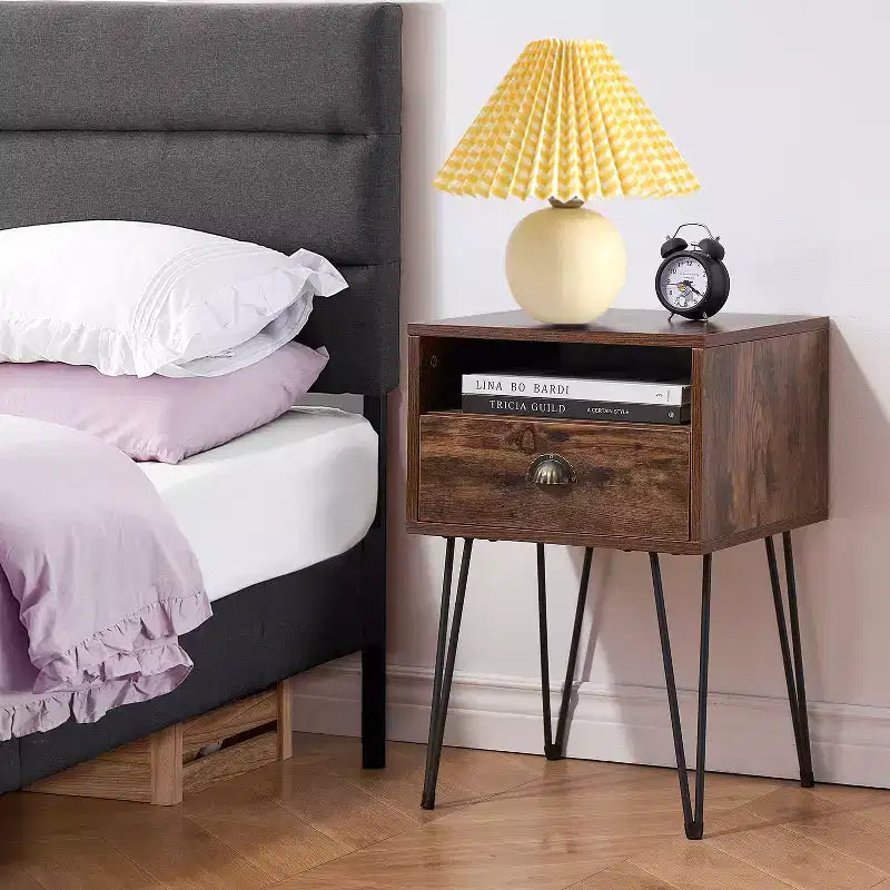 VECELO Metal Frame Nightstand, End/Side Table with Drawer and Storage Shelf for Living Room or Bedroom, Brown/Black/Green