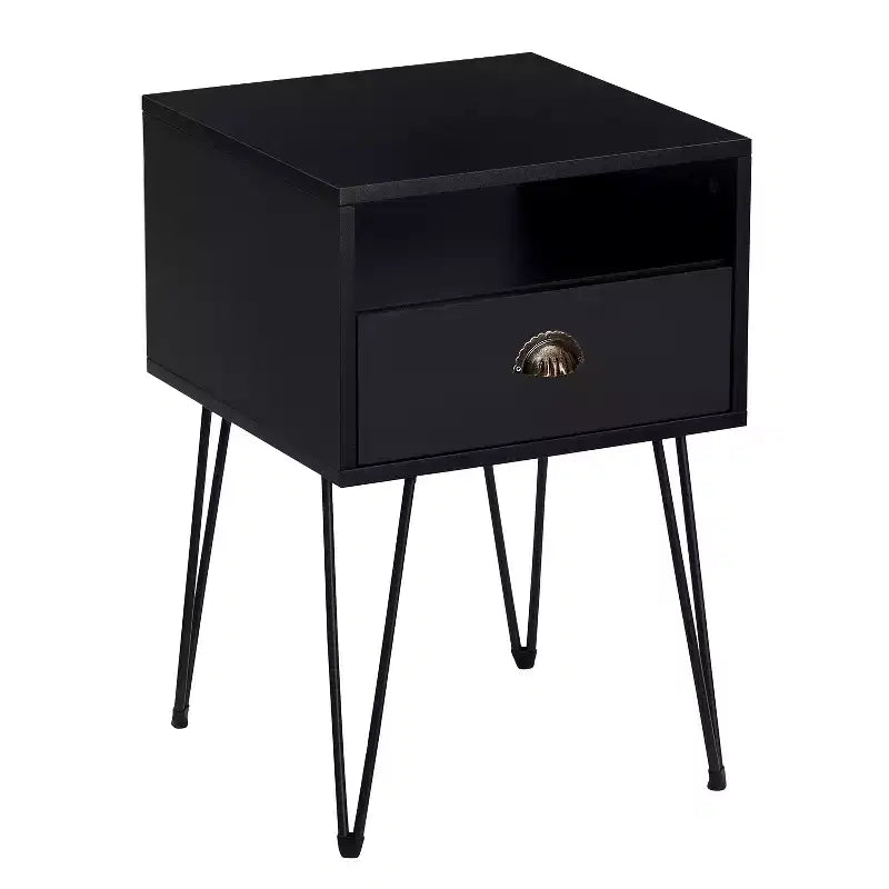 VECELO Metal Frame Nightstand, End/Side Table with Drawer and Storage Shelf for Living Room or Bedroom, Brown/Black/Green