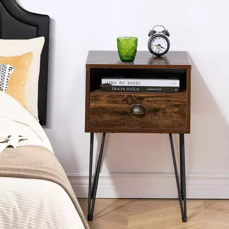 VECELO Metal Frame Nightstand, End/Side Table with Drawer and Storage Shelf for Living Room or Bedroom, Brown/Black/Green