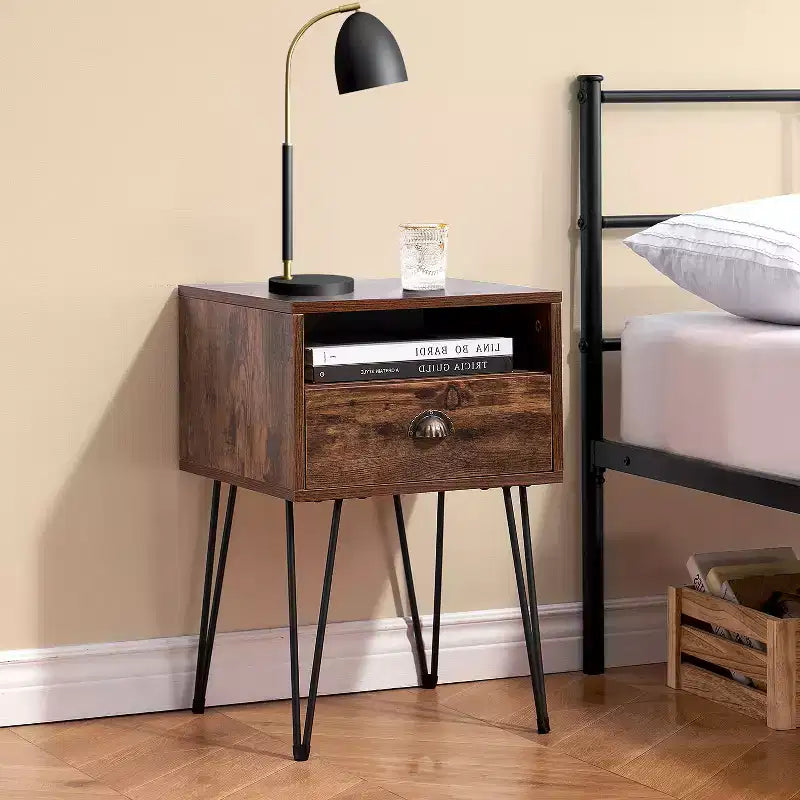 VECELO Metal Frame Nightstand, End/Side Table with Drawer and Storage Shelf for Living Room or Bedroom, Brown/Black/Green