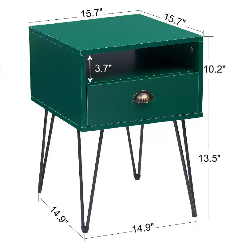 VECELO Metal Frame Nightstand, End/Side Table with Drawer and Storage Shelf for Living Room or Bedroom, Brown/Black/Green