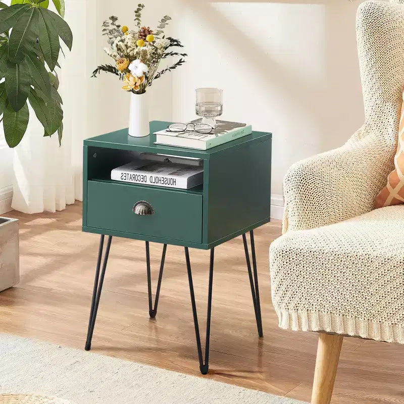 VECELO Metal Frame Nightstand, End/Side Table with Drawer and Storage Shelf for Living Room or Bedroom, Brown/Black/Green