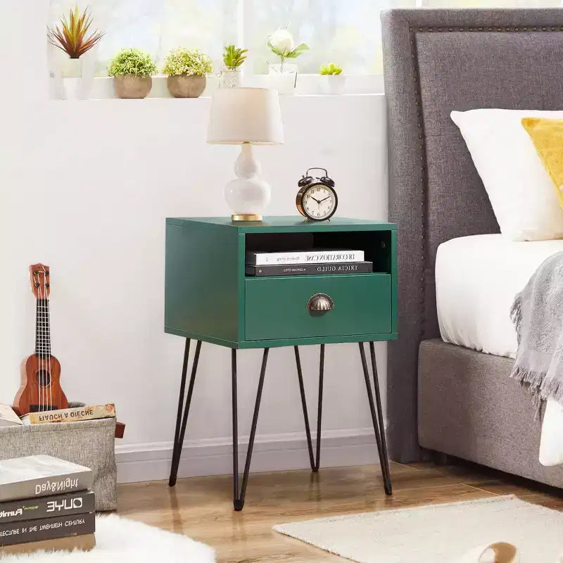 VECELO Metal Frame Nightstand, End/Side Table with Drawer and Storage Shelf for Living Room or Bedroom, Brown/Black/Green