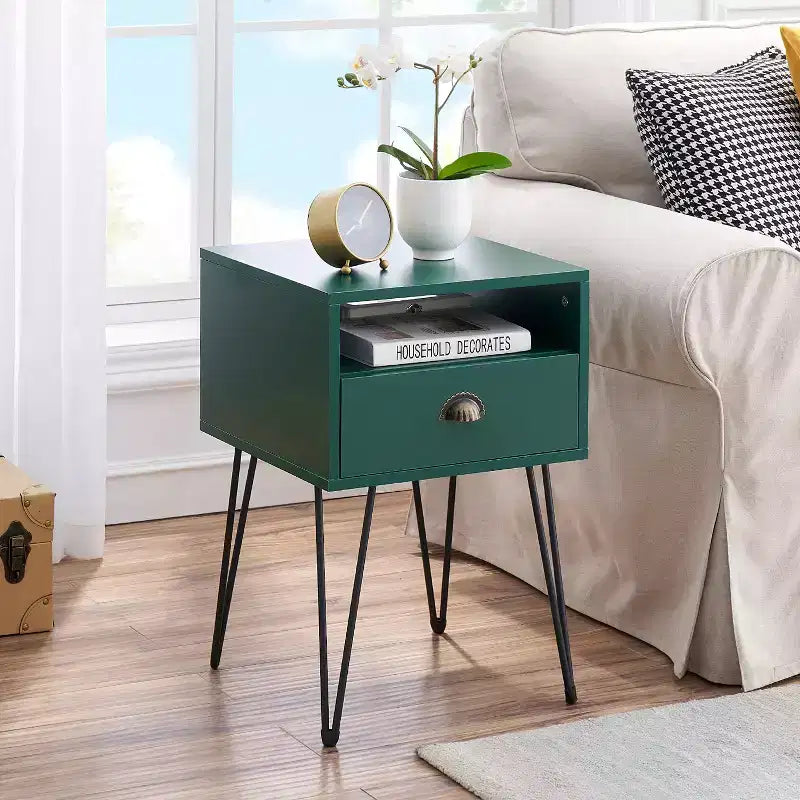 VECELO Metal Frame Nightstand, End/Side Table with Drawer and Storage Shelf for Living Room or Bedroom, Brown/Black/Green