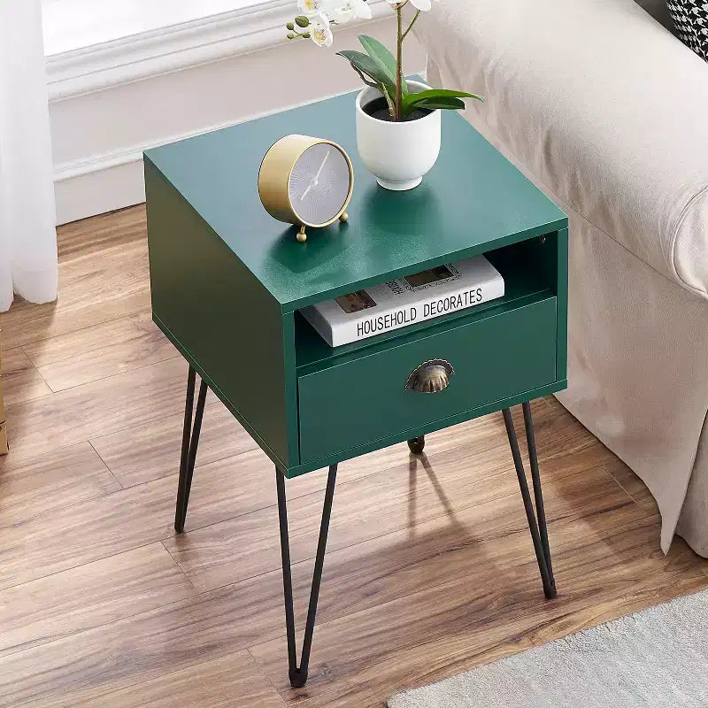 VECELO Metal Frame Nightstand, End/Side Table with Drawer and Storage Shelf for Living Room or Bedroom, Brown/Black/Green