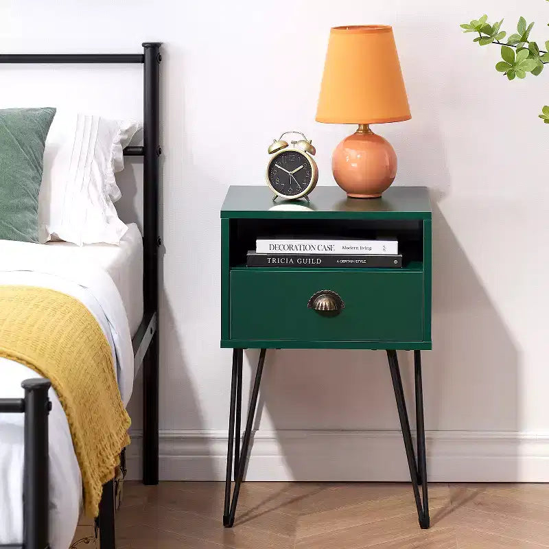 VECELO Metal Frame Nightstand, End/Side Table with Drawer and Storage Shelf for Living Room or Bedroom, Brown/Black/Green