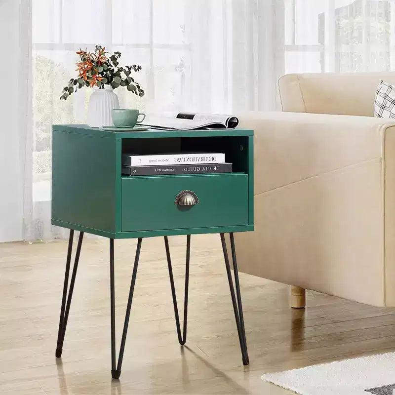 VECELO Metal Frame Nightstand, End/Side Table with Drawer and Storage Shelf for Living Room or Bedroom, Brown/Black/Green