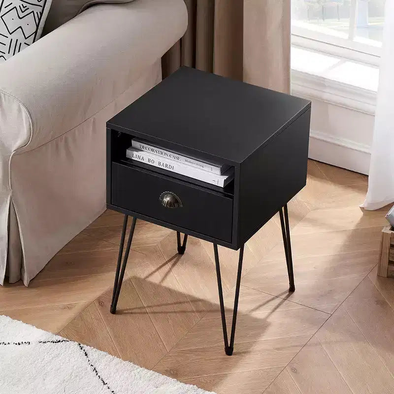 VECELO Metal Frame Nightstand, End/Side Table with Drawer and Storage Shelf for Living Room or Bedroom, Brown/Black/Green