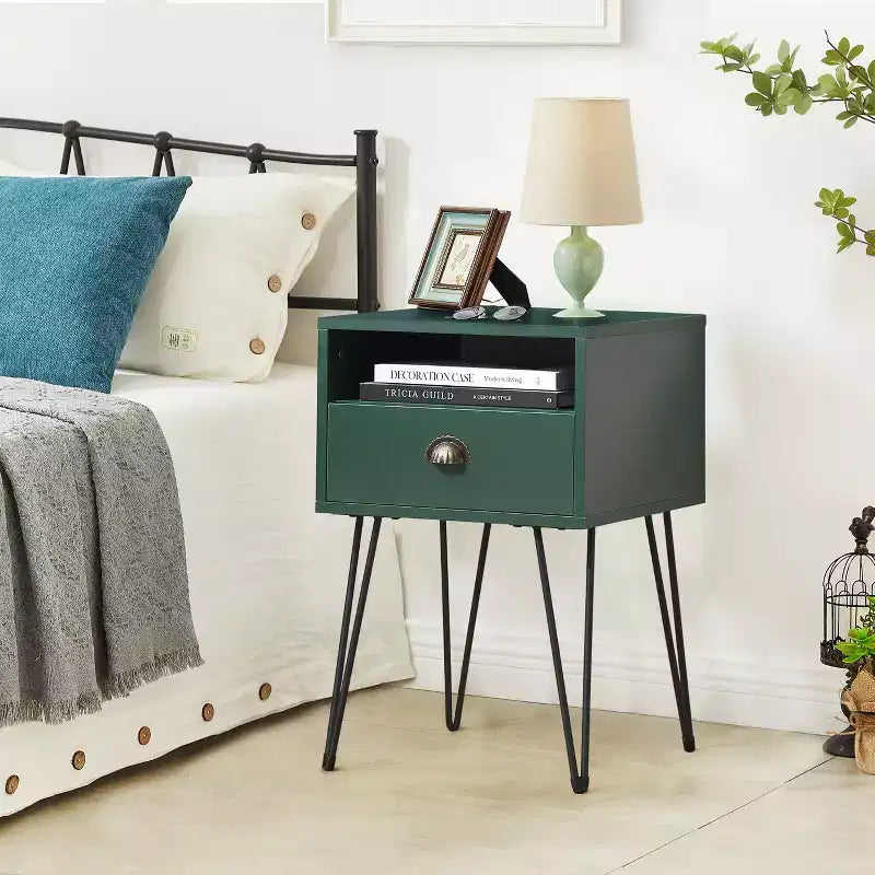 VECELO Metal Frame Nightstand, End/Side Table with Drawer and Storage Shelf for Living Room or Bedroom, Brown/Black/Green