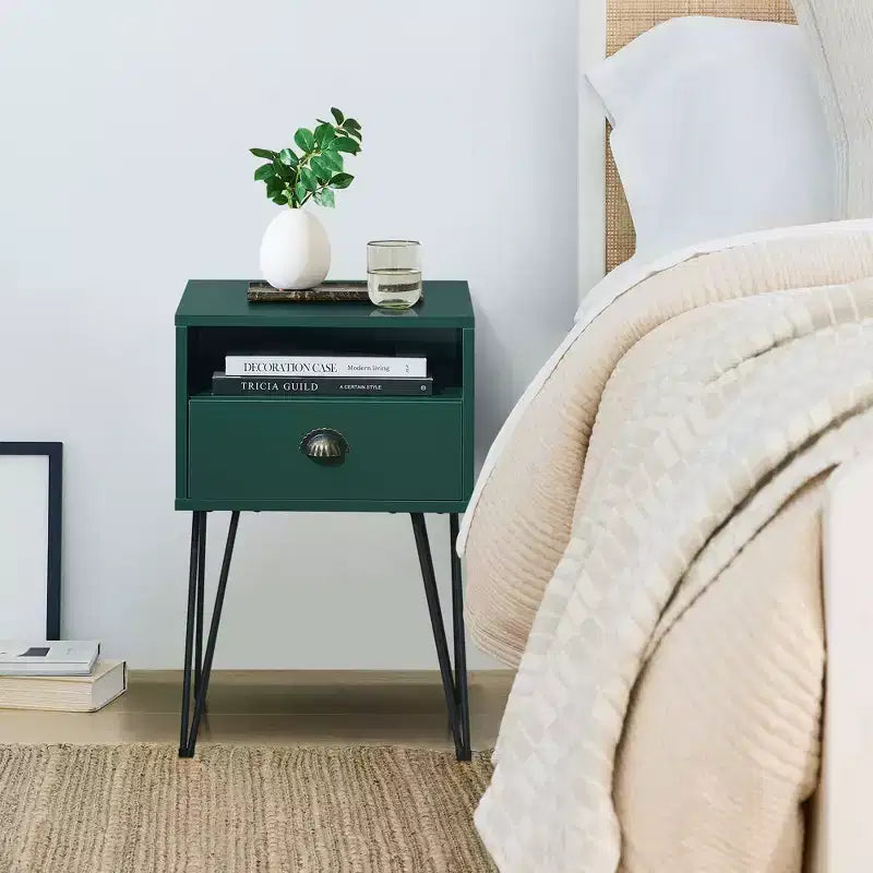 VECELO Metal Frame Nightstand, End/Side Table with Drawer and Storage Shelf for Living Room or Bedroom, Brown/Black/Green