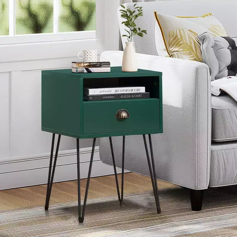VECELO Metal Frame Nightstand, End/Side Table with Drawer and Storage Shelf for Living Room or Bedroom, Brown/Black/Green