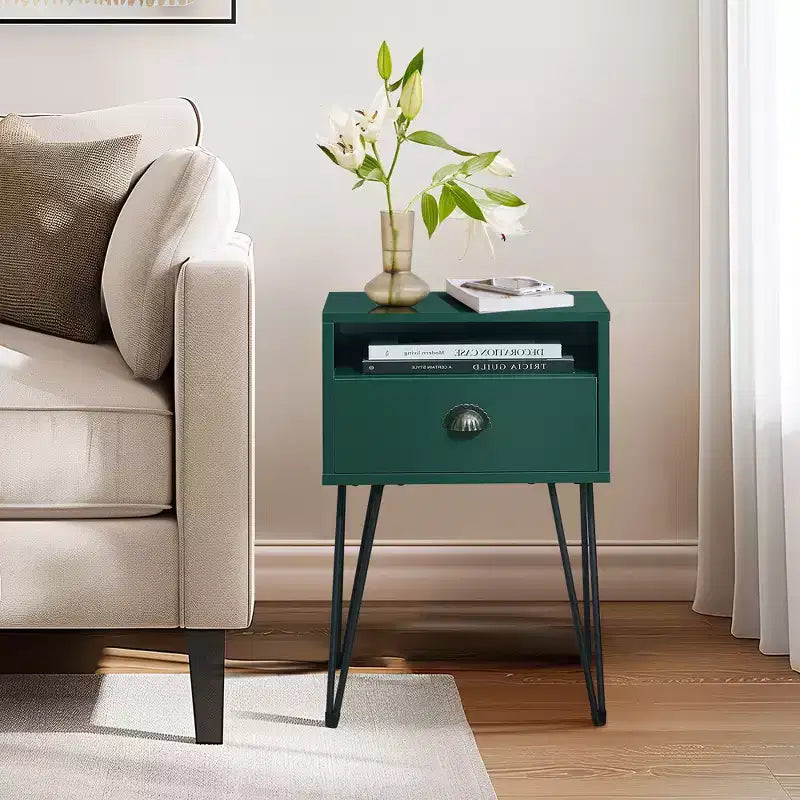 VECELO Metal Frame Nightstand, End/Side Table with Drawer and Storage Shelf for Living Room or Bedroom, Brown/Black/Green