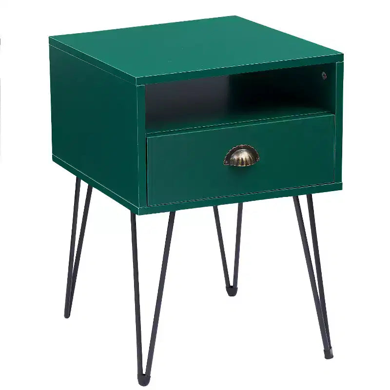 VECELO Metal Frame Nightstand, End/Side Table with Drawer and Storage Shelf for Living Room or Bedroom, Brown/Black/Green
