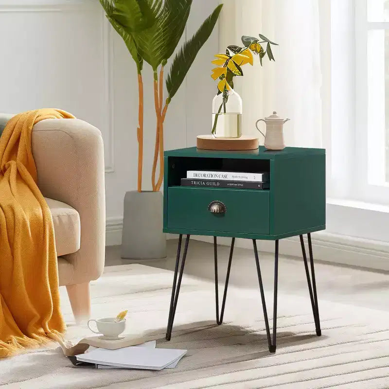 VECELO Metal Frame Nightstand, End/Side Table with Drawer and Storage Shelf for Living Room or Bedroom, Brown/Black/Green