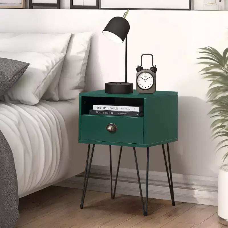 VECELO Metal Frame Nightstand, End/Side Table with Drawer and Storage Shelf for Living Room or Bedroom, Brown/Black/Green