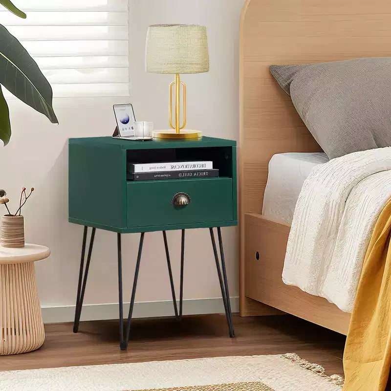 VECELO Metal Frame Nightstand, End/Side Table with Drawer and Storage Shelf for Living Room or Bedroom, Brown/Black/Green