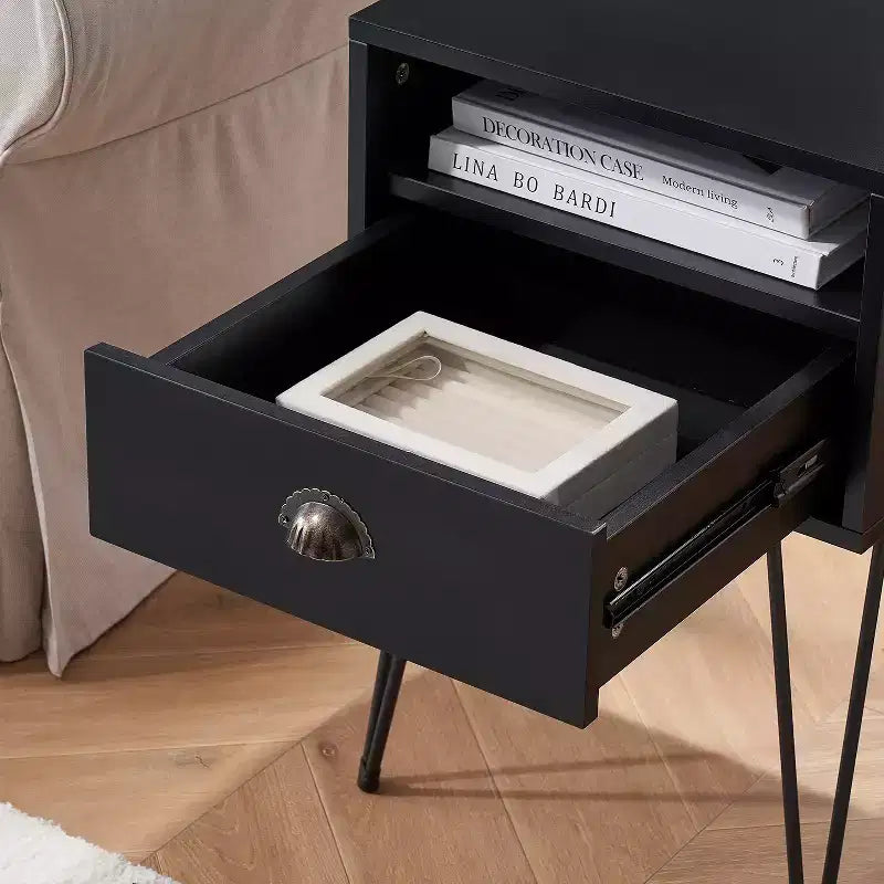 VECELO Metal Frame Nightstand, End/Side Table with Drawer and Storage Shelf for Living Room or Bedroom, Brown/Black/Green