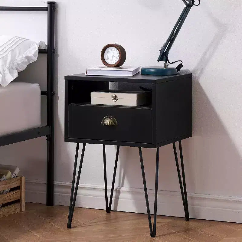 VECELO Metal Frame Nightstand, End/Side Table with Drawer and Storage Shelf for Living Room or Bedroom, Brown/Black/Green