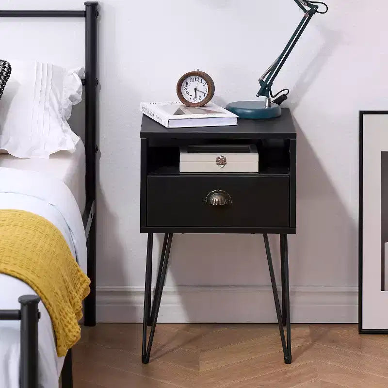 VECELO Metal Frame Nightstand, End/Side Table with Drawer and Storage Shelf for Living Room or Bedroom, Brown/Black/Green
