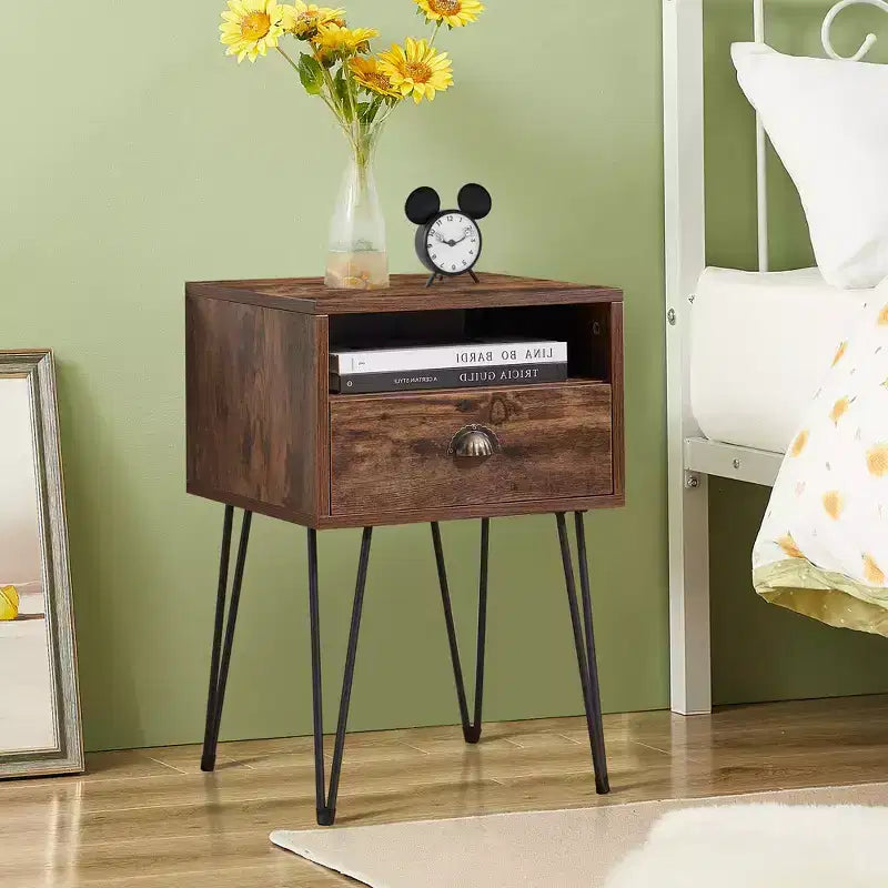 VECELO Metal Frame Nightstand, End/Side Table with Drawer and Storage Shelf for Living Room or Bedroom, Brown/Black/Green