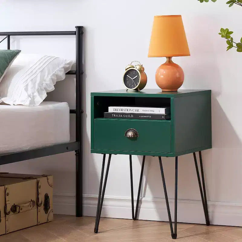 VECELO Metal Frame Nightstand, End/Side Table with Drawer and Storage Shelf for Living Room or Bedroom, Brown/Black/Green