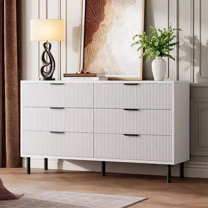 Fluted 6 Drawer Dresser, Wide Wood Double Dresser with Metal Legs and Handles