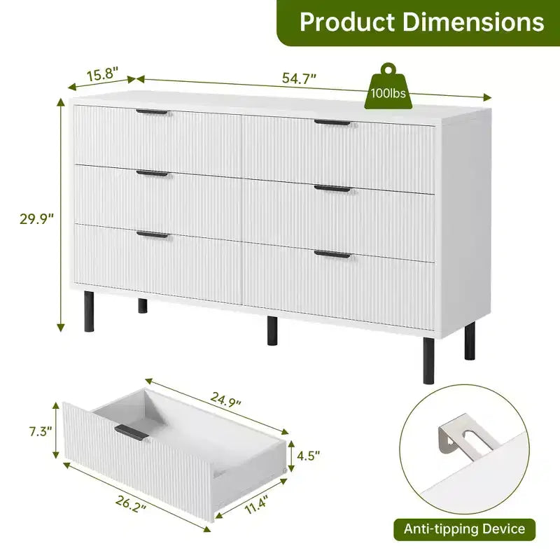 Fluted 6 Drawer Dresser, Wide Wood Double Dresser with Metal Legs and Handles
