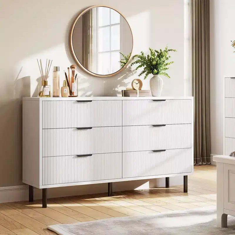 Fluted 6 Drawer Dresser, Wide Wood Double Dresser with Metal Legs and Handles