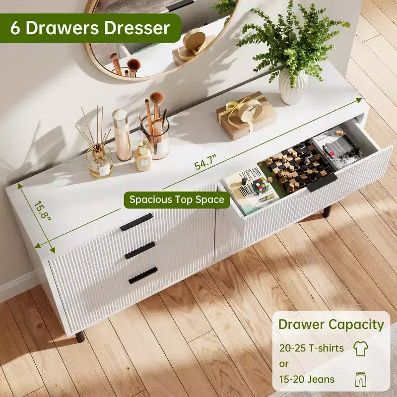 Fluted 6 Drawer Dresser, Wide Wood Double Dresser with Metal Legs and Handles