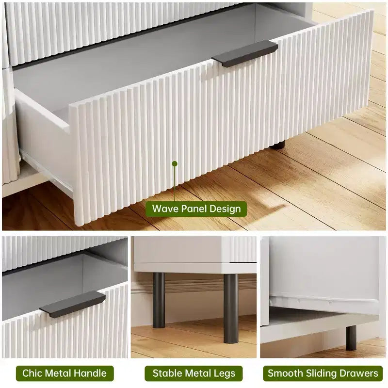 Fluted 6 Drawer Dresser, Wide Wood Double Dresser with Metal Legs and Handles