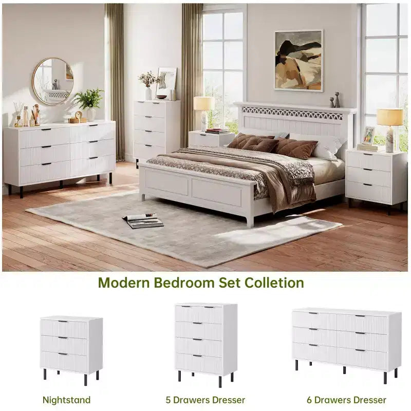 Fluted 6 Drawer Dresser, Wide Wood Double Dresser with Metal Legs and Handles