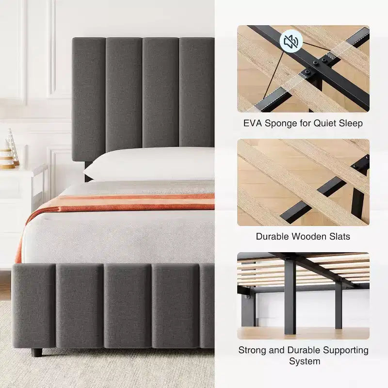 Linen Upholstered Bed Frame, Adjustable Headboard, Sturdy Wooden Slats, No Box Spring Required, Easy Assembly