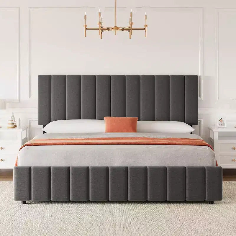 Linen Upholstered Bed Frame, Adjustable Headboard, Sturdy Wooden Slats, No Box Spring Required, Easy Assembly