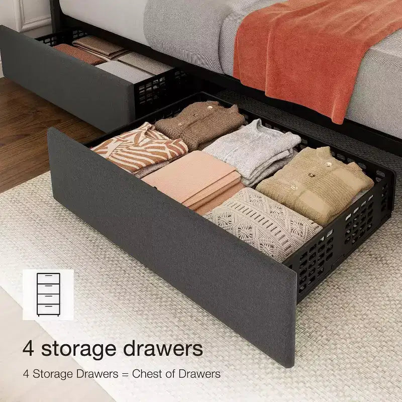 Linen Upholstered Bed Frame, Adjustable Headboard, Sturdy Wooden Slats, No Box Spring Required, Easy Assembly