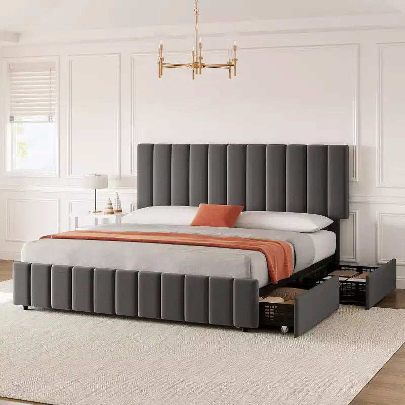 Linen Upholstered Bed Frame, Adjustable Headboard, Sturdy Wooden Slats, No Box Spring Required, Easy Assembly
