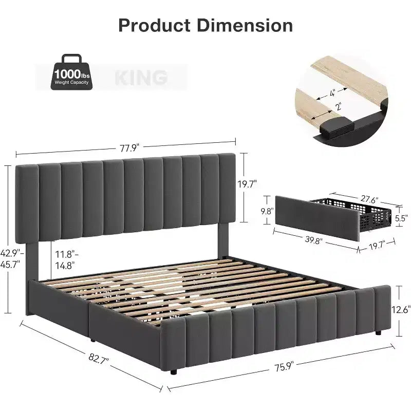Linen Upholstered Bed Frame, Adjustable Headboard, Sturdy Wooden Slats, No Box Spring Required, Easy Assembly