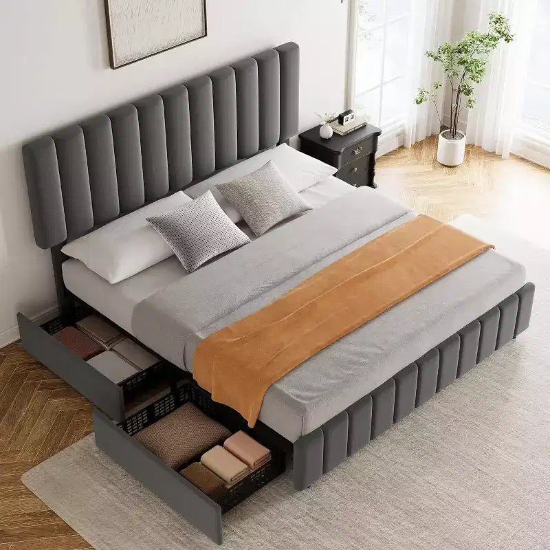 Linen Upholstered Bed Frame, Adjustable Headboard, Sturdy Wooden Slats, No Box Spring Required, Easy Assembly