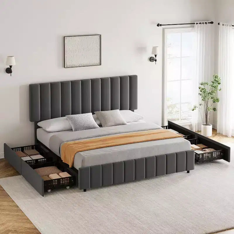 Linen Upholstered Bed Frame, Adjustable Headboard, Sturdy Wooden Slats, No Box Spring Required, Easy Assembly