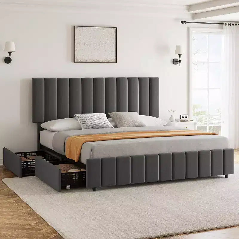 Linen Upholstered Bed Frame, Adjustable Headboard, Sturdy Wooden Slats, No Box Spring Required, Easy Assembly