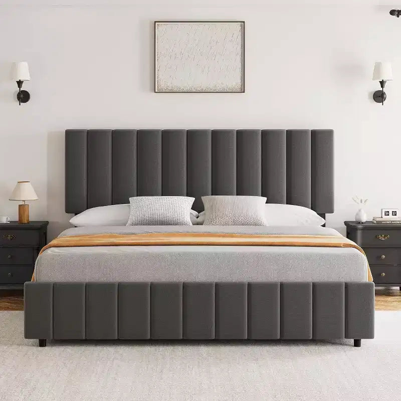 Linen Upholstered Bed Frame, Adjustable Headboard, Sturdy Wooden Slats, No Box Spring Required, Easy Assembly