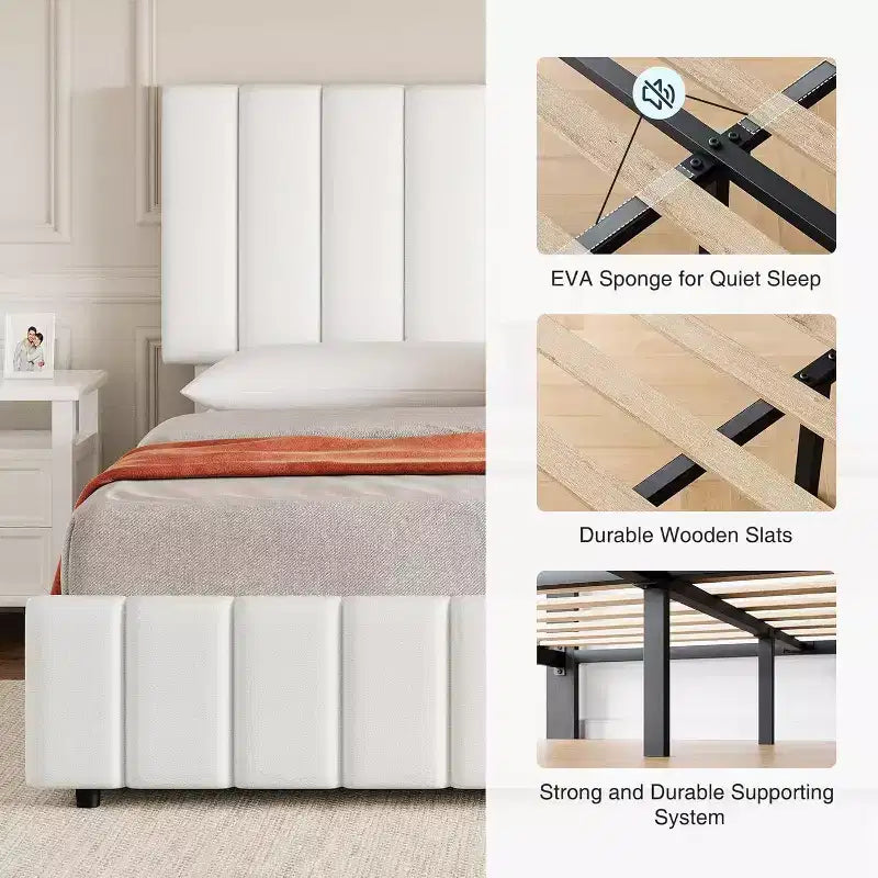 Linen Upholstered Bed Frame, Adjustable Headboard, Sturdy Wooden Slats, No Box Spring Required, Easy Assembly