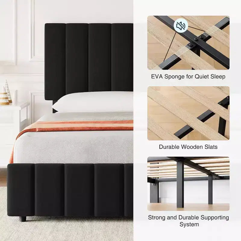 Linen Upholstered Bed Frame, Adjustable Headboard, Sturdy Wooden Slats, No Box Spring Required, Easy Assembly
