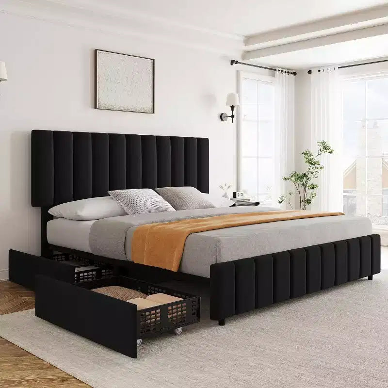 Linen Upholstered Bed Frame, Adjustable Headboard, Sturdy Wooden Slats, No Box Spring Required, Easy Assembly