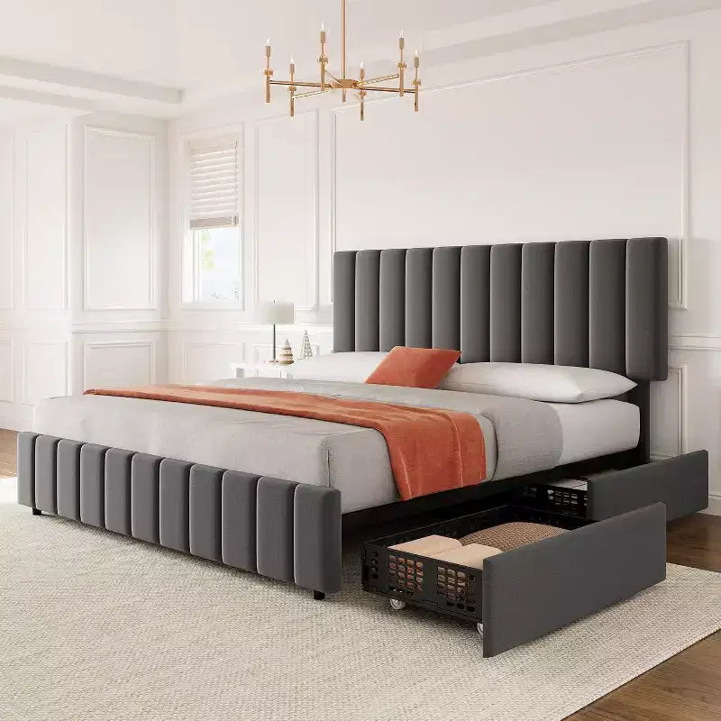 Linen Upholstered Bed Frame, Adjustable Headboard, Sturdy Wooden Slats, No Box Spring Required, Easy Assembly