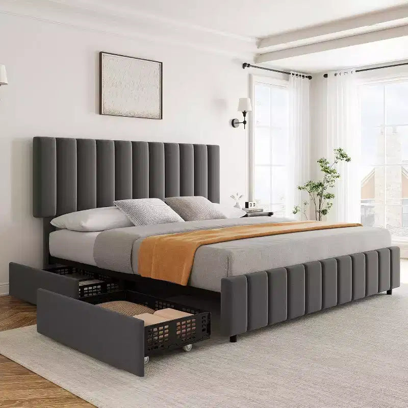 Linen Upholstered Bed Frame, Adjustable Headboard, Sturdy Wooden Slats, No Box Spring Required, Easy Assembly
