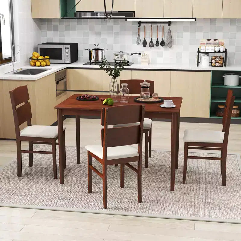 Costway 5 PCS Dining Table Set for 4 Farmhouse Wooden Table & 4 Upholstered Chairs